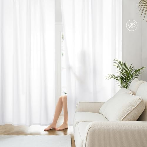 HOMEIDEAS Non-See-Through White Privacy Sheer Curtains 52 X 63 Inches Long 2 Panels Sheer Curtains Light Filtering Window Drapes for Bedroom Living Room