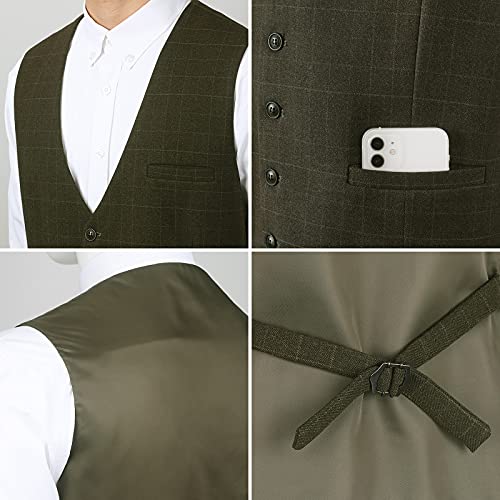 Hisdern Men'S Suit Vest Green Plaid Dress Vest For Men Slim Fit Formal Casual Olive Men'S Vest Classic V-Ncek Solid Wedding Business Army Green Vests thumb #3