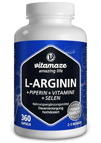 L-Arginin Kapseln hochdosiert, 360 Kapseln mit VITAL-Formel B6, B12, Folsäure, Selen und Piperin für 3 Monate, Nahrungsergänzung ohne unnötige Zusätze, Made in Germany