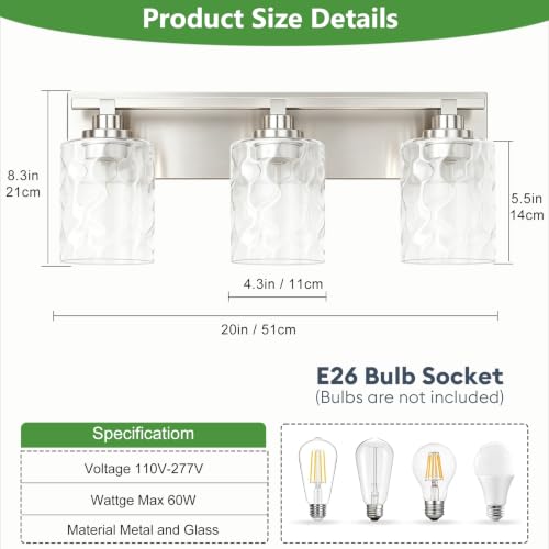 Image of Bathroom Light Fixtures,3-Light Brushed Nickel Vanity Lights Over Mirror | Modern Wall Light,Clear Ripple Glass Shade,Sturdy Metal Frame,For Bathroom Remodel,Easy Install,E26 Socket,ETL-Listed 20-inch
