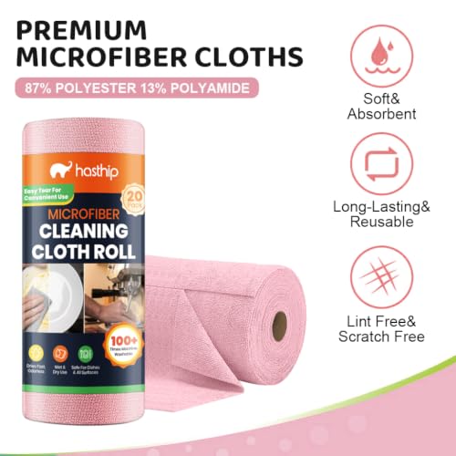 Image of HASTHIP Microfiber Cleaning Cloth Roll 25x25CM Pink 20 Pack Reusable Towel
