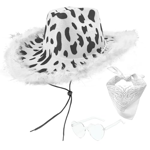 JIANGLAI Cow Print Cowboy Hat with Feathers with Heart Sunglasses and Bandana for Women Men Western Party, Cowgirl Costume Accessory (Black & White)