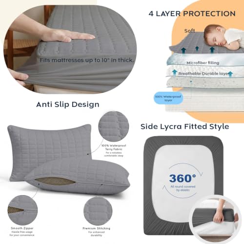 Image of AYKA Combo Pack Waterproof Mattress Protector & 2 Pillow Protectors | King 78x72 Inch | 100% Waterproof Box Quilted Bed Protector | Breathable, Noiseless Mattress & Pillow Covers | Grey
