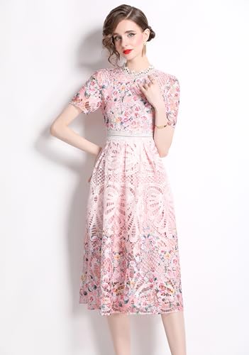 Image of LAI MENG FIVE CATS Women's Lace Floral Short Sleeve Crochet Waist Cocktail Midi Dress