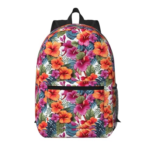 Topical Flowers Palm Leaves Fashionable Daypack 17 Inches Zippers Backpack Double Shoulder Bag for Women Men