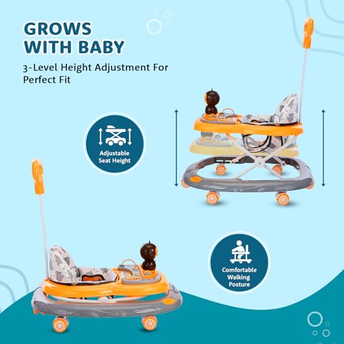 Image of Amazon Brand - Supples Baby Activity Walker with Parental Handle | BIS Certified | 3-Level Height Adjustment, Convertible Toy & Food Tray, Music, 360 Rotating Wheels | for 9+ Months |Grey & Yellow