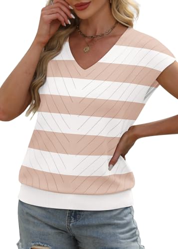 Image of WIHOLL Short Sleeve Sweater for Women V Neck Trendy Summer Tops 2026 Beach Vacation Clothes Travel Business Casual Outfits