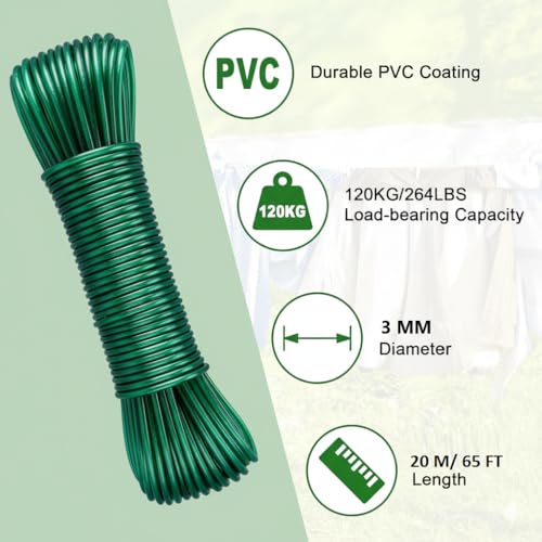 Image of 20 Meters Strong Steel Core Clothes Line with 4 Pcs Plastic Hooks, PVC Coated, Weather & Rust Resistant, Easy to Use, Indoor, Outdoor, Garden, Laundry Rooms & Camping (Multicolor) Pack of (2)