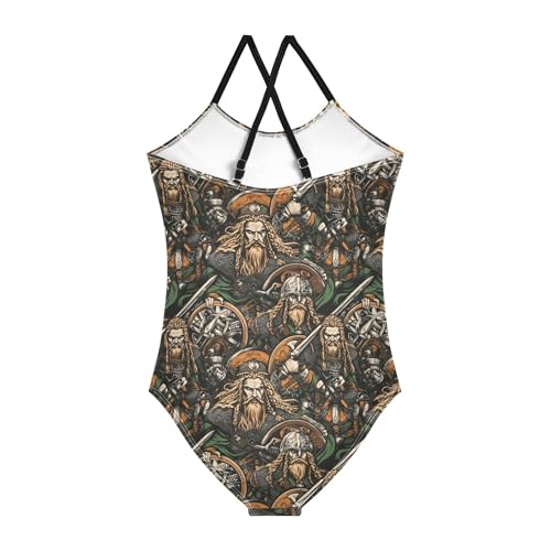 Girls Swimsuits 1 Piecing Bathing Suit Girl Swim Suits for Girls Beach Swimwear Viking Colorful Vintage Pattern2