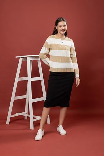 Image of Wear lusso Women's 100% Wool Color Block Stripe Full Sleeve Round Neck Pullover Sweater | Winter Season Fashion