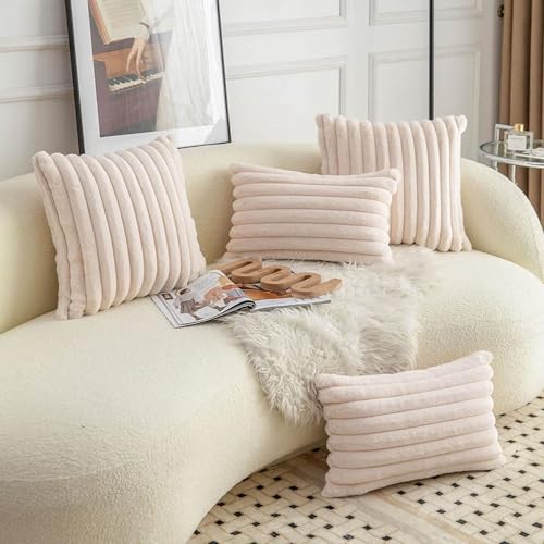 Image of MONKDECOR Single Sided Stiped Faux Fur Plush Throw Pillow Covers, Luxury Decorative Pillows Square Shaggy Cushion Covers for Couch Sofa Bed (Cream (1 Piece), 16x16 Inches)