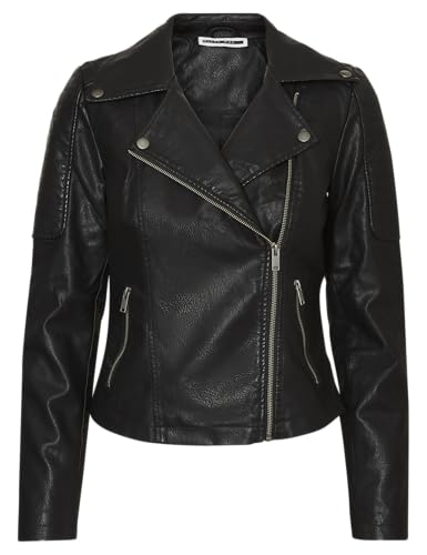 Noisy may Damen Kunstleder Jacke Biker Jacket Übergangsjacke Langarm Shacket PU Coated NMREBEL, Farben:Schwarz-2, Größe:XL