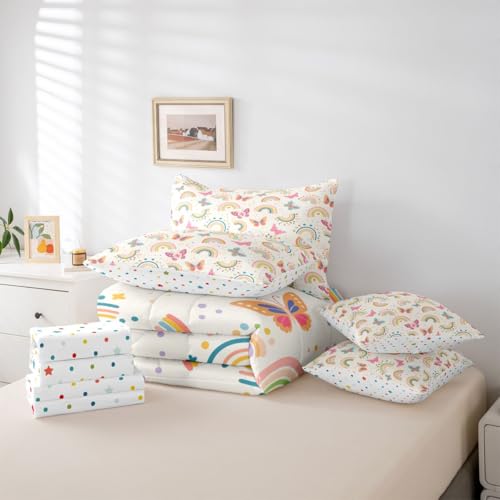 Image of Cartoon Butterflies 7 Pieces Bedding Set Queen Size,Kids Cute Rainbow Bed in a Bag,Kawaii Wildlife Bed Set Includes Comforter,Sheet Set,Pillowcases & Pillow Covers,Flying Butterfly Bedroom Decor