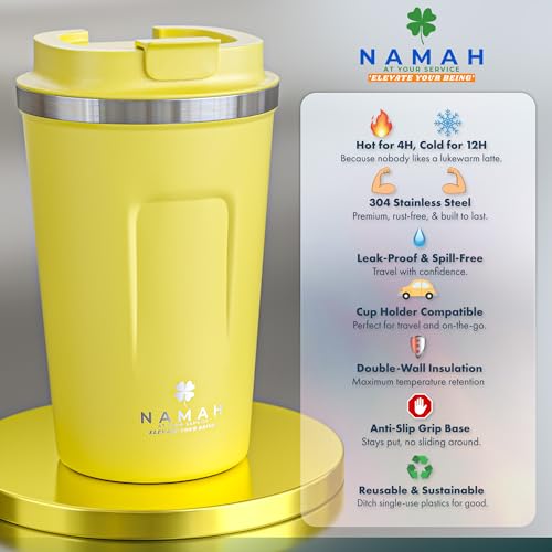 Image of Namah Insulated Coffee Mug Travel with Lid 380ML Stainless Steel Coffee Tumbler Cup for Office & Home, Leak Resistant Matte Finish Hot & Cold Travel Coffee Mug for Men & Women Gift (Sun Kissed)