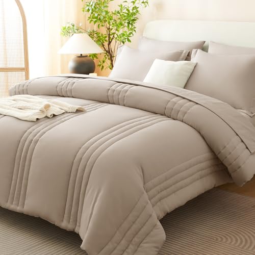Image of CozyLux Queen Comforter Set Wheat - 7 Pieces Bed in a Bag, Modern Vertical Quilted Room Decor, Soft All-Season Bedding Gift with Comforter, Sheets, Pillowcases & Shams