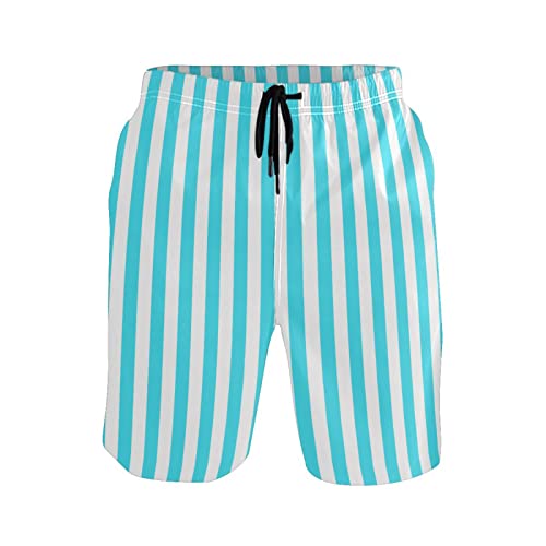 White and Blue Stripe Men's Boy's Novelty Beach Shorts Swim Trunks Summer Quick Dry Bathing Suits S