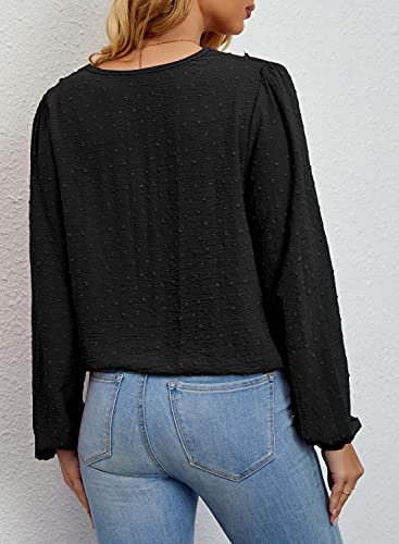 Lolong Women V Neck Tops Dressy Casual Long Sleeve Blouse Lace Chiffon Pom Poms Shirts Black #TOP3