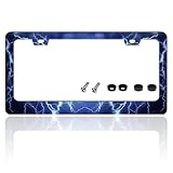 Blue Lightning License Plate Frame Funny Thunder License Plate Holder for Front or Rear Car Tags Reusable Durable Stainless Steel Car Decoration with Screws 6.3 X 12.2 Inch for Men Women