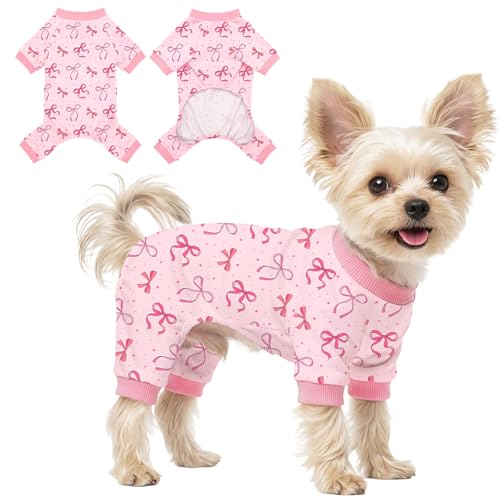 Dog Pajamas for Small Dogs Pjs Recovery Suit Pink Bow Dog Pajamas Breathable Pjs Puppy Pajama Cute Jammies Doggie Onesie Stretchy Soft Sleepwear for Spring Summer Pet Costume-S