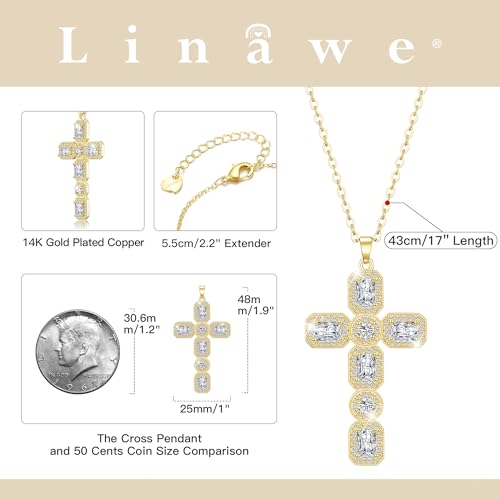 Linawe Cross Necklace for Women, Gold/Silver Jewelry Cross Charm Chain Necklaces, Moissanite Crystal Birthstone Cubic Zirconia Rhinestone Necklace, Religious Gifts4