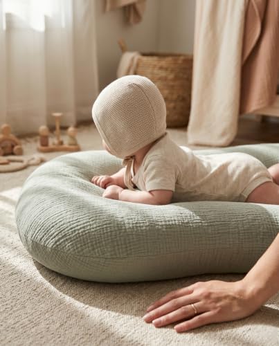 Image of guruixu Muslin Baby Lounger Cover 2 Pack, 100% Cotton Soft & Breathable Infant Slipcover Compatible with Snuggle Me Newborn Lounger (Fog Green,Cream)
