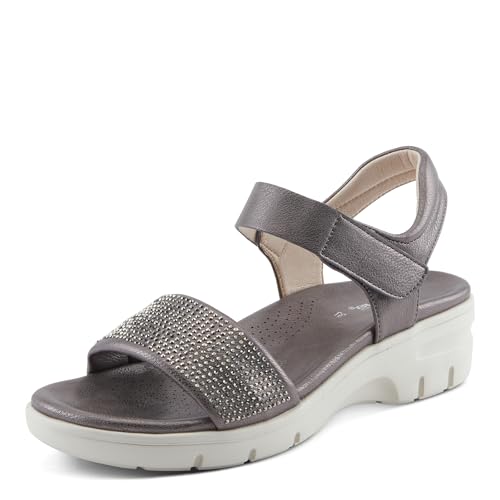 Flexus Women's QUINTESSA Ankle Strap Sandals – Rhinestone Embellished, Arch Support, Hook & Loop Closure