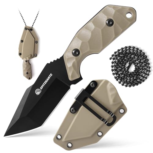 SPITZKANTE Coltello per collo X-TAN-K, lama tanto di 7,8 cm in acciaio 5Cr14MoV, coltello EDC Outdoor fisso, con forzo ABS, catena a sfere.