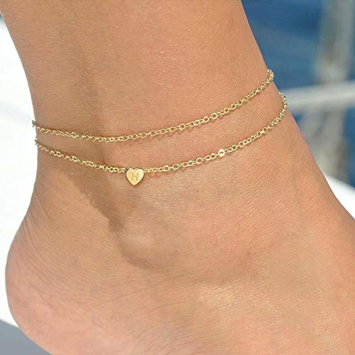 Image of Turandoss Heart Initial Ankle Bracelets for Women, 14K Gold Filled Handmade Dainty Layered Anklet Letter Initial Heart Ankle Bracelets for Women Beach Jewelry Gifts
