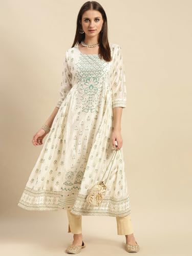 Image of rangita Off White Viscose Blend Calf Length Printed Anarkali Kurti for Women | Kurta for Women