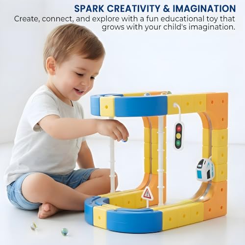 Image of Cable World Magnetic Adventure Train Track Set for Kids, 107 PCS DIY Magnetic Suspended Orbit Racing Track with 1 USB Rechargeable Magnetic Train, Wall Climbing Suction Track for Kids 3+