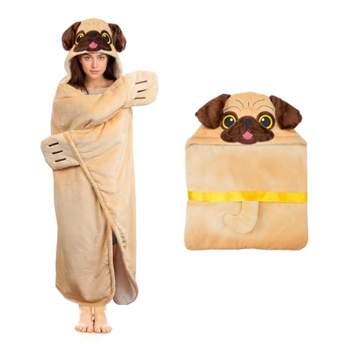 Tian Zhun Pug Gifts for Women Pugs Lovers Pug Wearable Blanket Fluffy Super Soft Flannel Adult Animal Hooded Blanket for Women Mothers Day Christmas Birthday