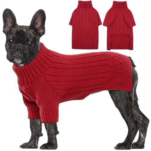 OUOBOB Jersey para perros medianos, ropa de punto cálido de cuello alto para invierno y otoño, sudadera de Navidad para mascotas para niñas y niños, bulldog francés, beagle (rojo M)