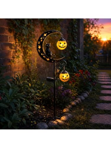 Solar Halloween Black Cat & Pumpkin Moon Garden Stake Light, Metal Crescent Moon & Pumpkin Lantern, Outdoor Waterproof LED Yard Decoration with Crescent Moon, for Patio Lawn Path Yard (B #) - image 5