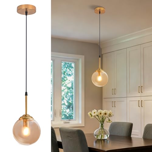 Kikioo Lampadario in metallo di lusso moderno Nordic Creative Lampada a sospensione a sfera in vetro trasparente/grigio fumo/ambra Cluster E14 Isola cucina Soggiorno Sala da pranzo Comodino Lampada a