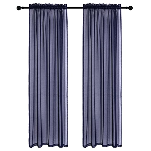Anjee Navy Blue Sheer Curtains Rods Pocket Voile Fabric Drapes 2 Panels Window Treatments For Living Room Kitchen Bedroom 52 X 84 Inch, Set Of 2 #TOP15