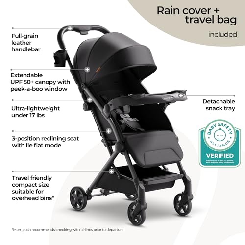 Image of Mompush Lithe V2 Lightweight Travel Stroller Snack Tray Included, Black
