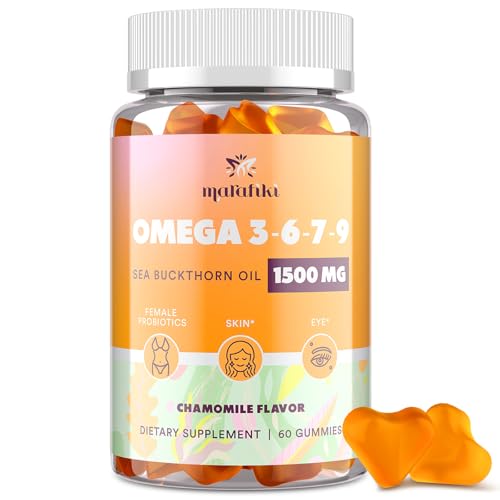 Omega 3 6 7 9 Gummies for Women - Omega 3 Supplement with Sea Buckthorn Oil Flaxseed Oil Vitamins E A & Probiotics - Skin Eye & Dryness Chamomile Flavor - 60 Gummies