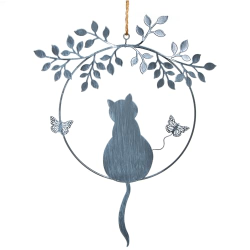 Logbuch-Verlag Ghirlanda per porta in metallo argento grigio con gatto – Corona decorativa da appendere – Decorazione per porta regalo per i proprietari di gatti