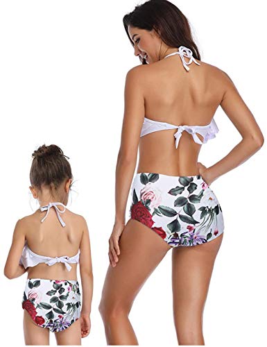XUNYU Girls Swimsuit Falbala High Waisted Bathing Suit Halter Neck Bikini Swimwear Tankini White 7-8 Years - Thumbnail 7