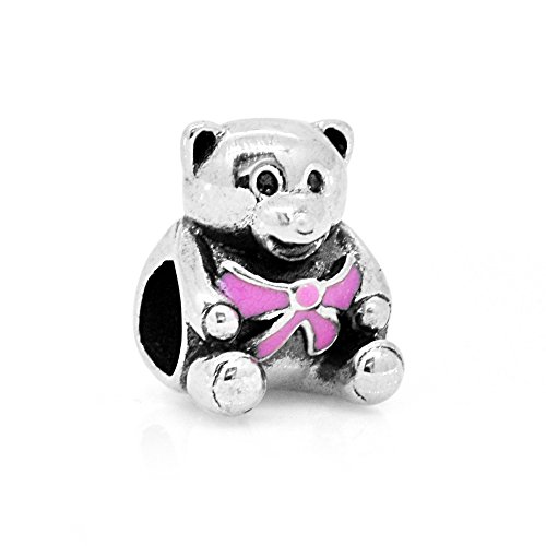The Kiss It Is a Girl Teddy Bear Pink Enamel Ribbon 925 Sterling Silver Solid Charm Fits European Bracelet