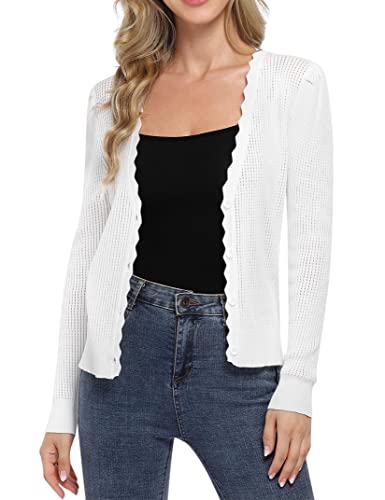 Kojooin Cardigan Sweater For Women Long Sleeve Shrug Button Down Open Front Knit Bolero Lightweight White Cropped Cardigans #TOP1