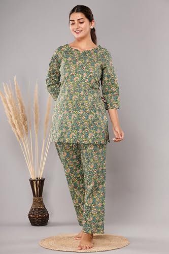 Image of Women Printed 1 top, 1 Pyjama Cotton KC316 Green 2 Night Suit Set