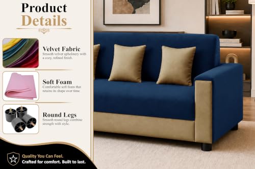 Image of Modern 3 Seater Sofa | Contemporary Upholstered Couch | Premium Cushioned Seating | Stylish Armrest Design | Comfortable Sofa for Living Room, Bedroom & Office - Blue + Beige Color