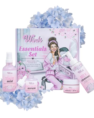 Wink Skin Care Set for Teen Girls - Plant-Based Facial Kit | 4-Piece with Milk Cleanser, Rose Petal Toner, Face Fruit Serum & SPF Moisturizer for Acne Relief | Mom-Approved Gift Joy Teen Skin Care Kit