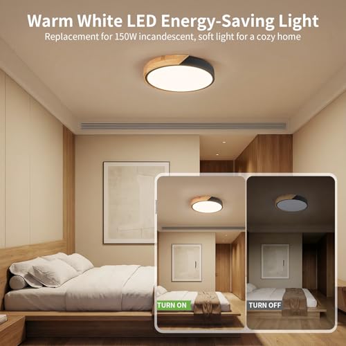 Image of 11.8 Inch Wood LED Flush Mount Ceiling Light 3000K, Black