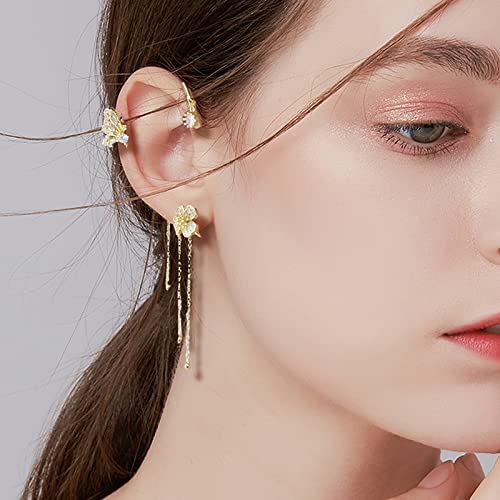 Butterfly Tassel Style Zircon Earrings Fairy Earrings No Piercing Butterfly Flower Long Chain Tassel Ear Cuffs Clip On Cartilage Earrings For Women(Gold) #TOP5