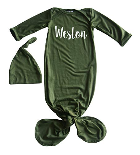 Rocket Bug 'Lush' Silky Knotted Baby Gown with Knotted Hat-Girl, Boy, Gender Neutral (3M (0-3 Months), Army Green)