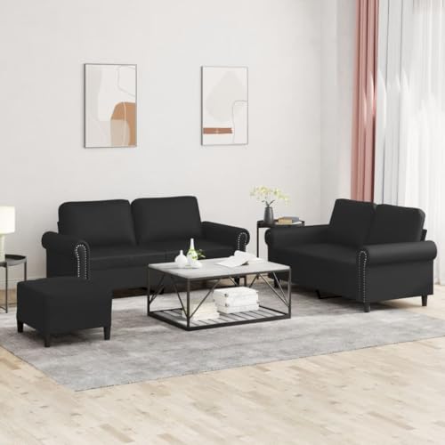 Yunovire Juego de sofá de 3 piezas, piel sintética, color negro, 120/140 cm, 2 plazas, con reposapiés, cojines, marco de metal resistente, para salón, adultos