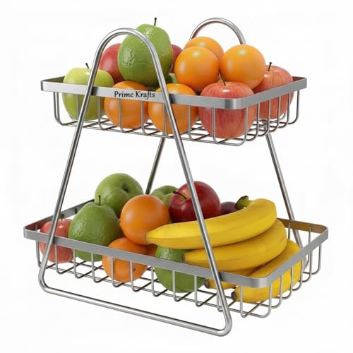 Image of 2 Tier Metal Fruit and Vegetables Basket with Handle|Fruit Vegetables Snacks and Bread Organizer for Kitchen, Dining Table, Livingroom|Bathroom Countertop Basket Stand - Silver