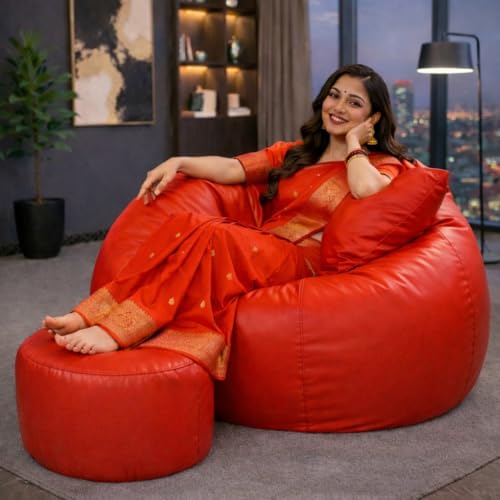 Image of 4XL Tear Drop Bean Bag with Footrest & Cushion | Premium Leatherette Bean Bag Cover | XXXXL Lounger Chair for Living Room | Without Beans | Upto 150 Kg (Red, XXXXL)